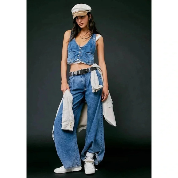 NWT Free People Rider Denim Vest Ser Pants Matching Jean Two Piece Blue Medium - Picture 1 of 17